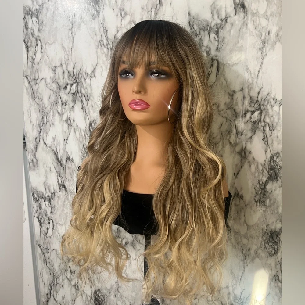 24 Inch Ombre Brown Rooted & Blonde highlights Wavy Hair with bangs  Lon… - Picture 8 of 11